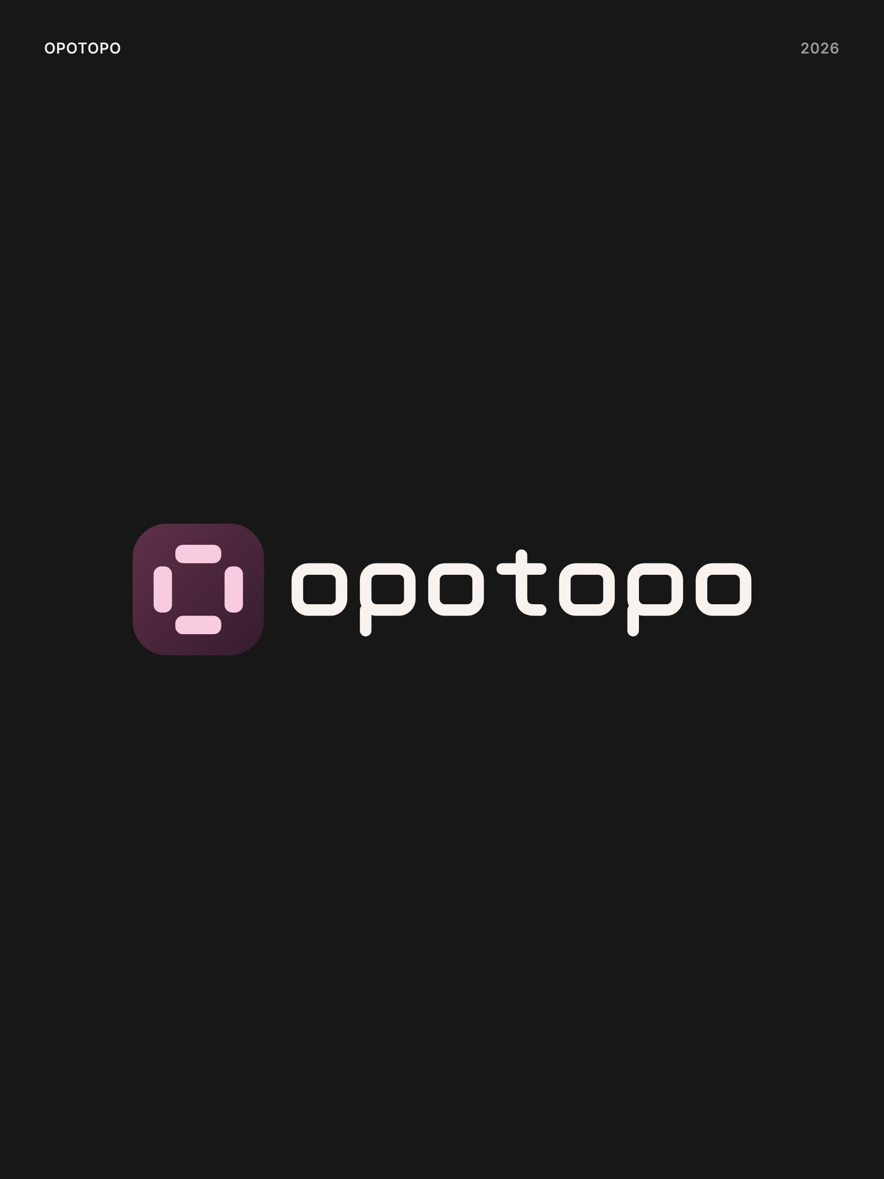 OpoTopo lockup: an aubergine rounded square with four pink modules forming an o, next to the lowercase opotopo wordmark in warm white, on a dark background