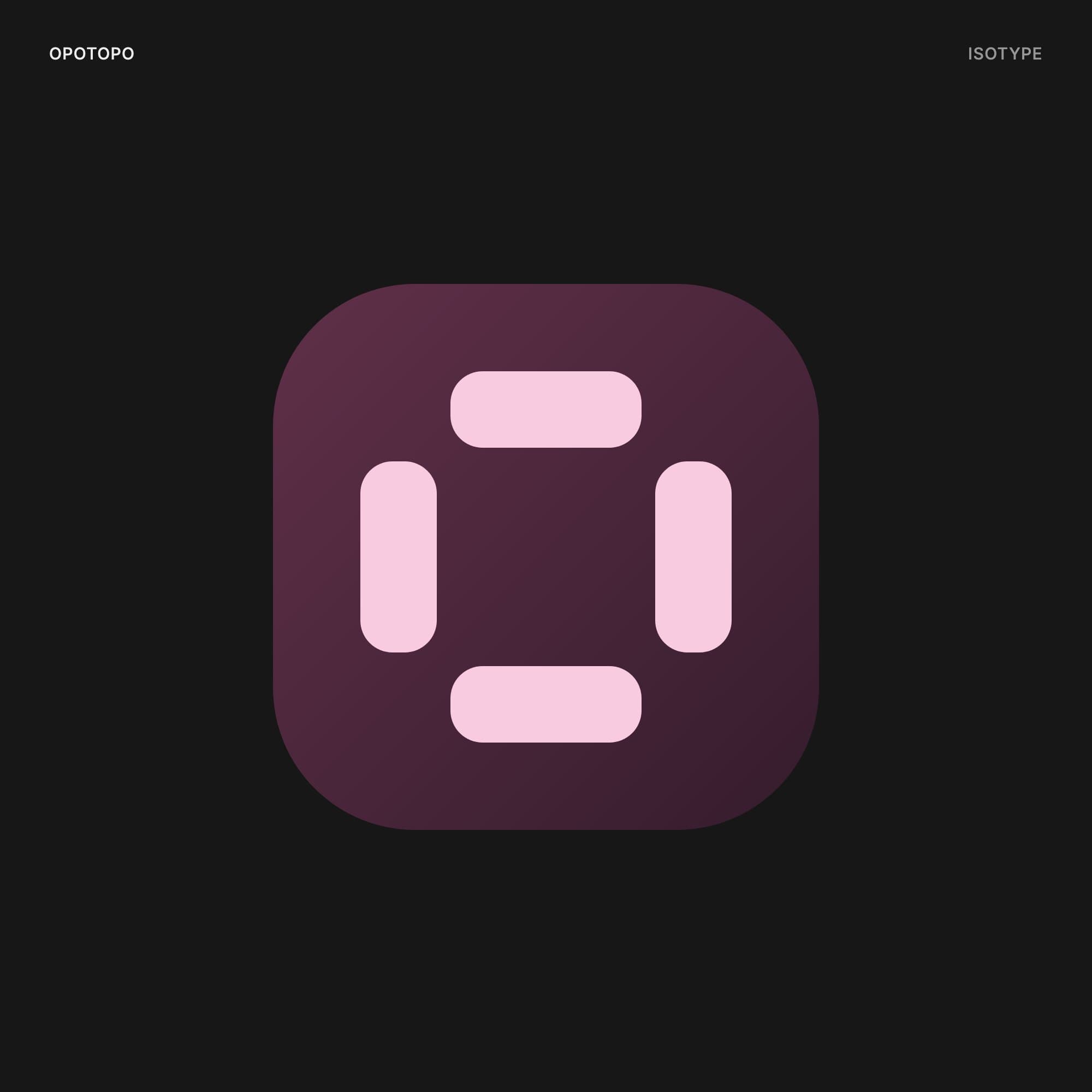 OpoTopo isotype: an aubergine rounded square with four pale pink rounded bars arranged as an o