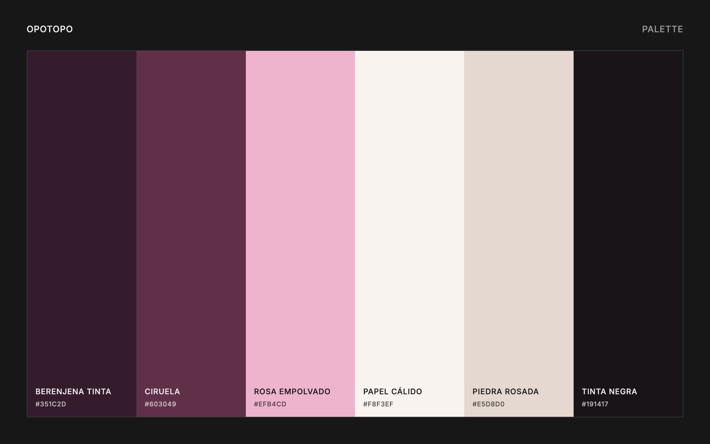 OpoTopo palette of six swatches: ink aubergine, plum, powder pink, warm paper, pink stone and black ink with hex codes