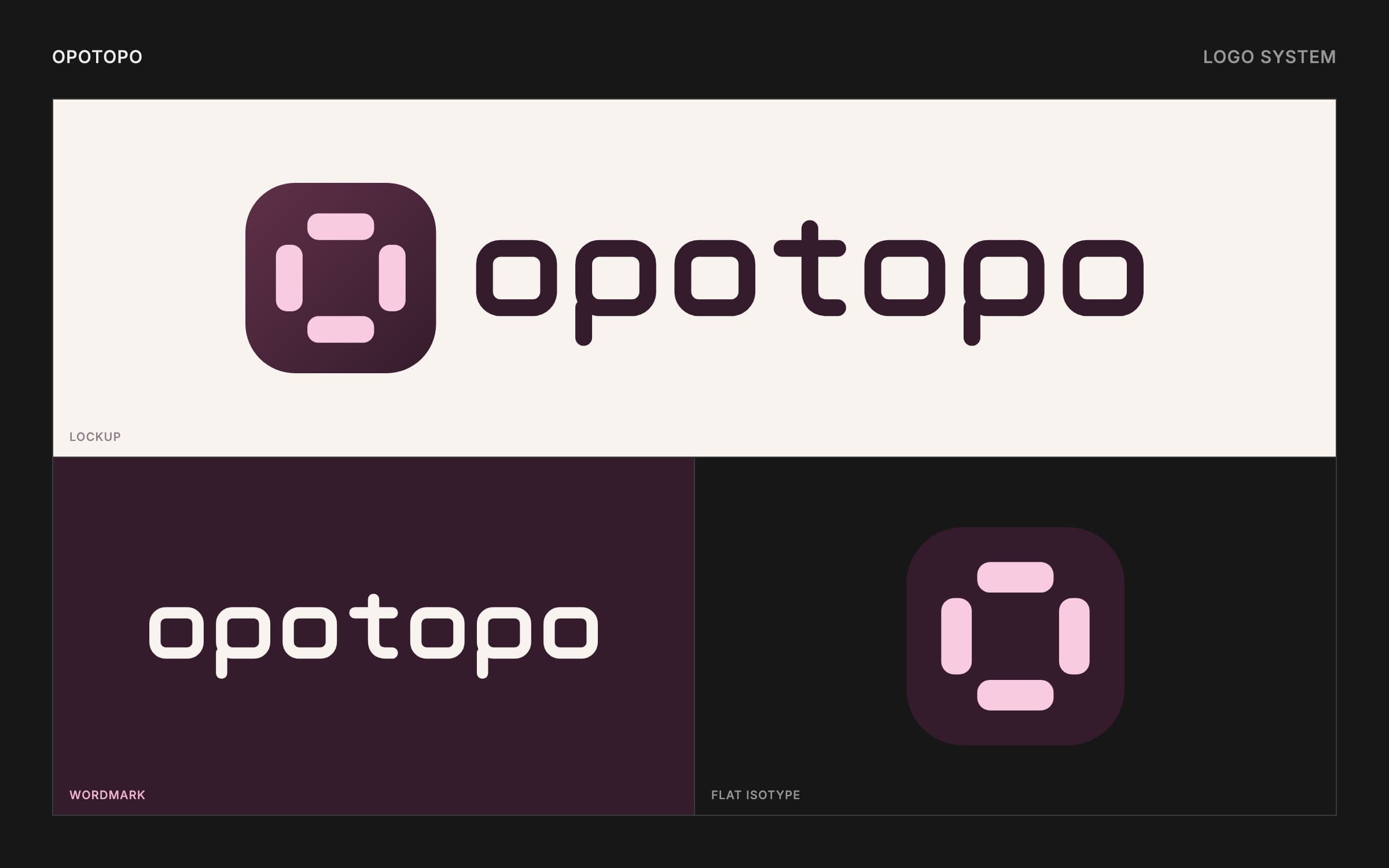 OpoTopo logo system: full lockup on warm paper, wordmark in warm white on aubergine, and flat isotype on dark