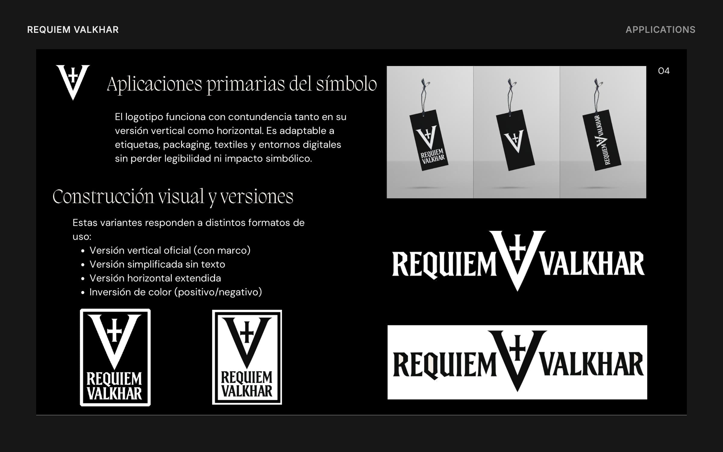Guide page with hang tag mockups, framed vertical versions and the horizontal wordmark in positive and negative