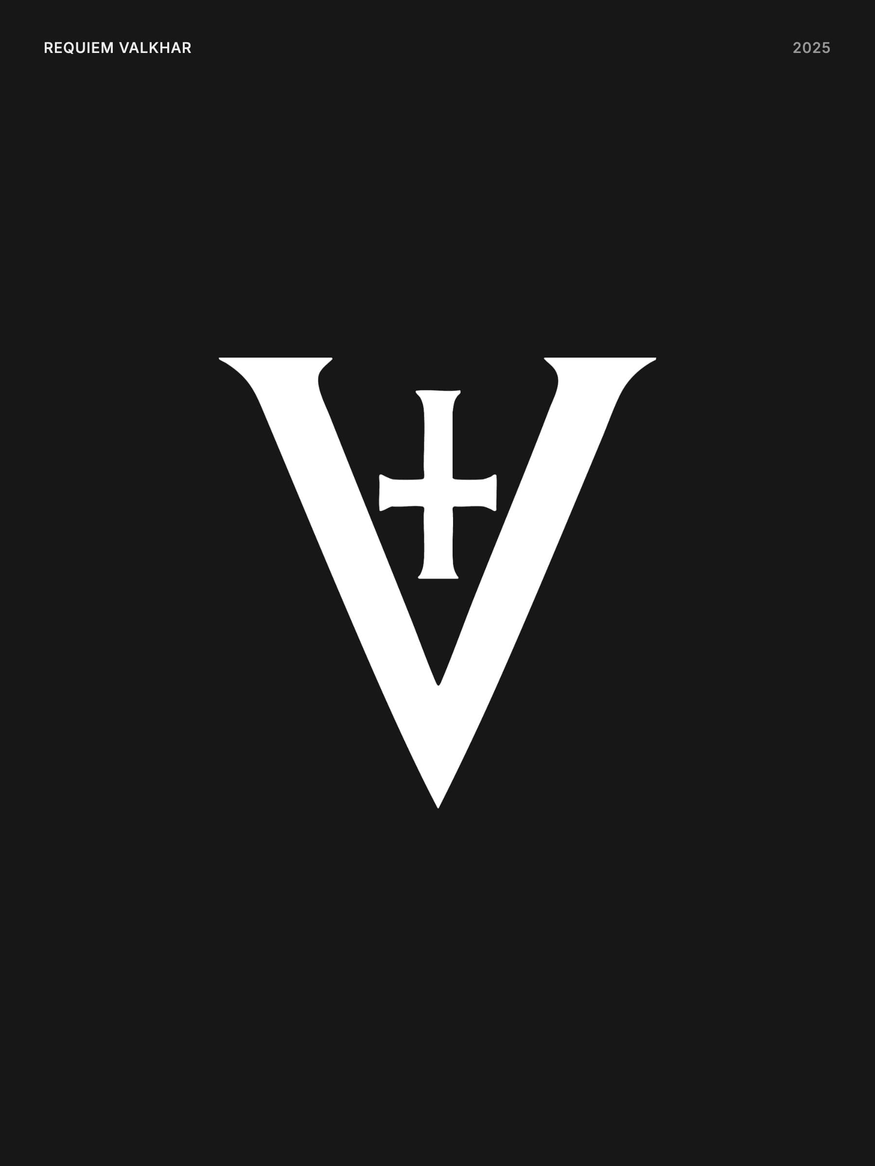 Requiem Valkhar symbol in white: a sharp serif V with a small cross inside it, centered on a dark background