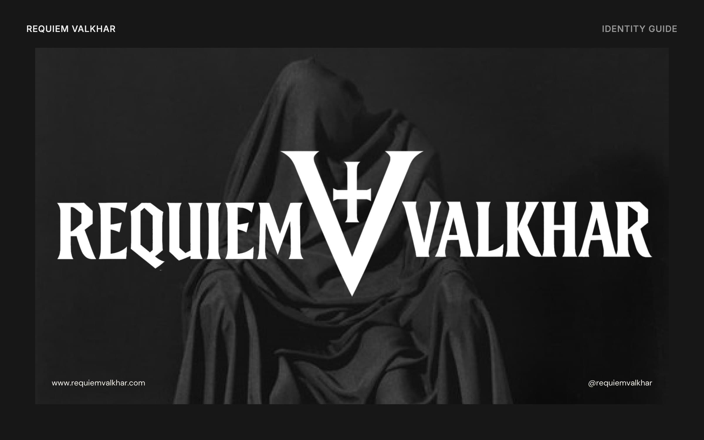 Cover page of the Requiem Valkhar identity guide: the horizontal wordmark with the V symbol over a black and white photo of a veiled seated figure
