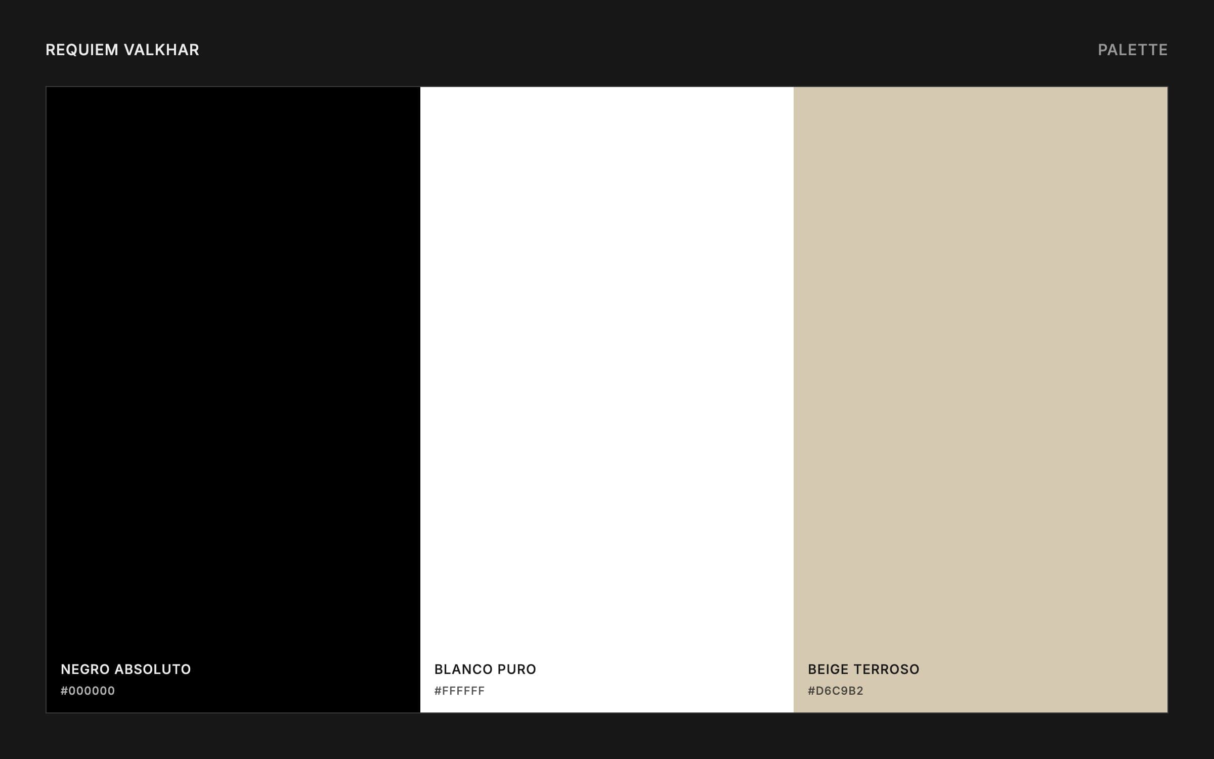 Requiem Valkhar palette of three swatches: absolute black, pure white and earthy beige with hex codes