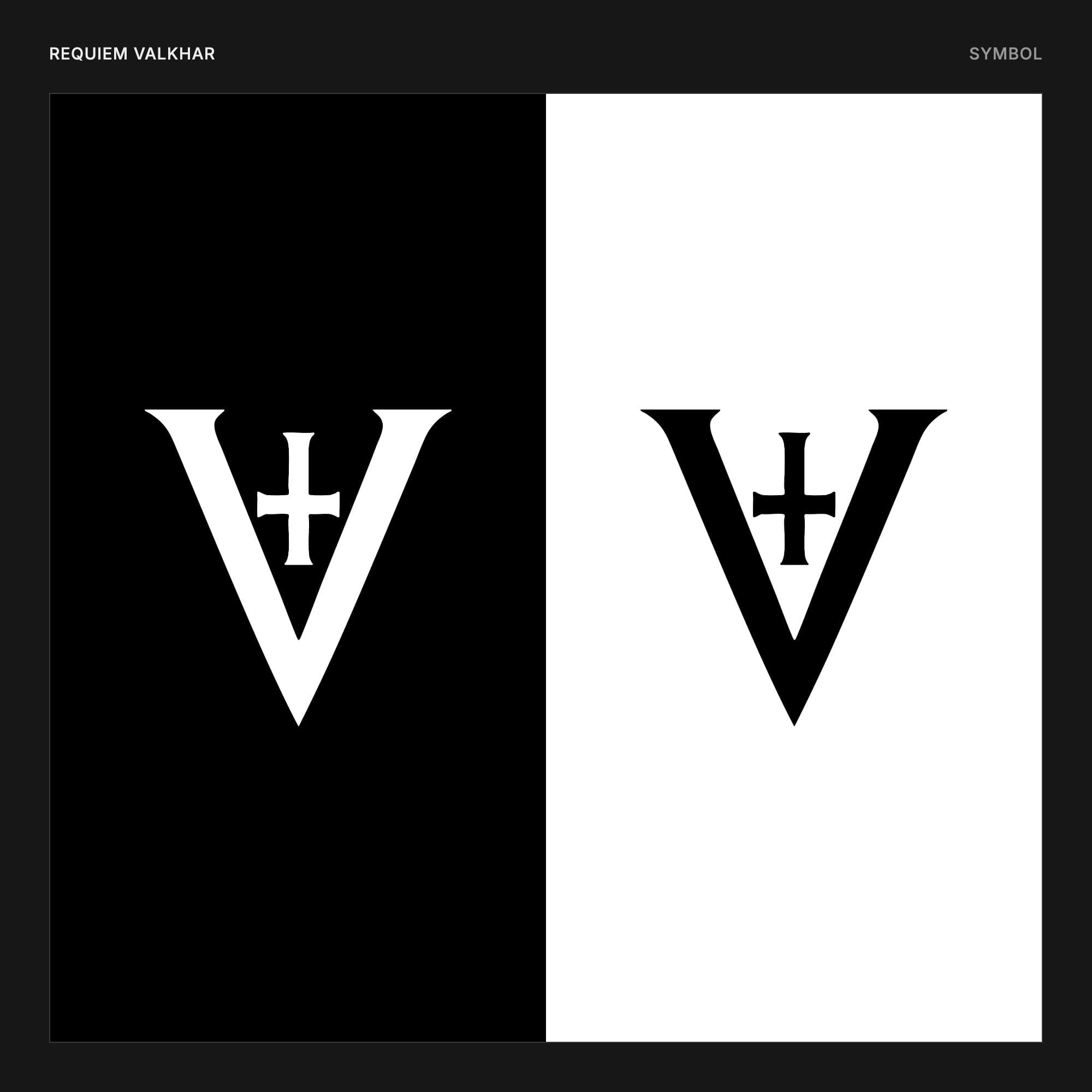 The Requiem Valkhar symbol twice, white on black and black on white, side by side