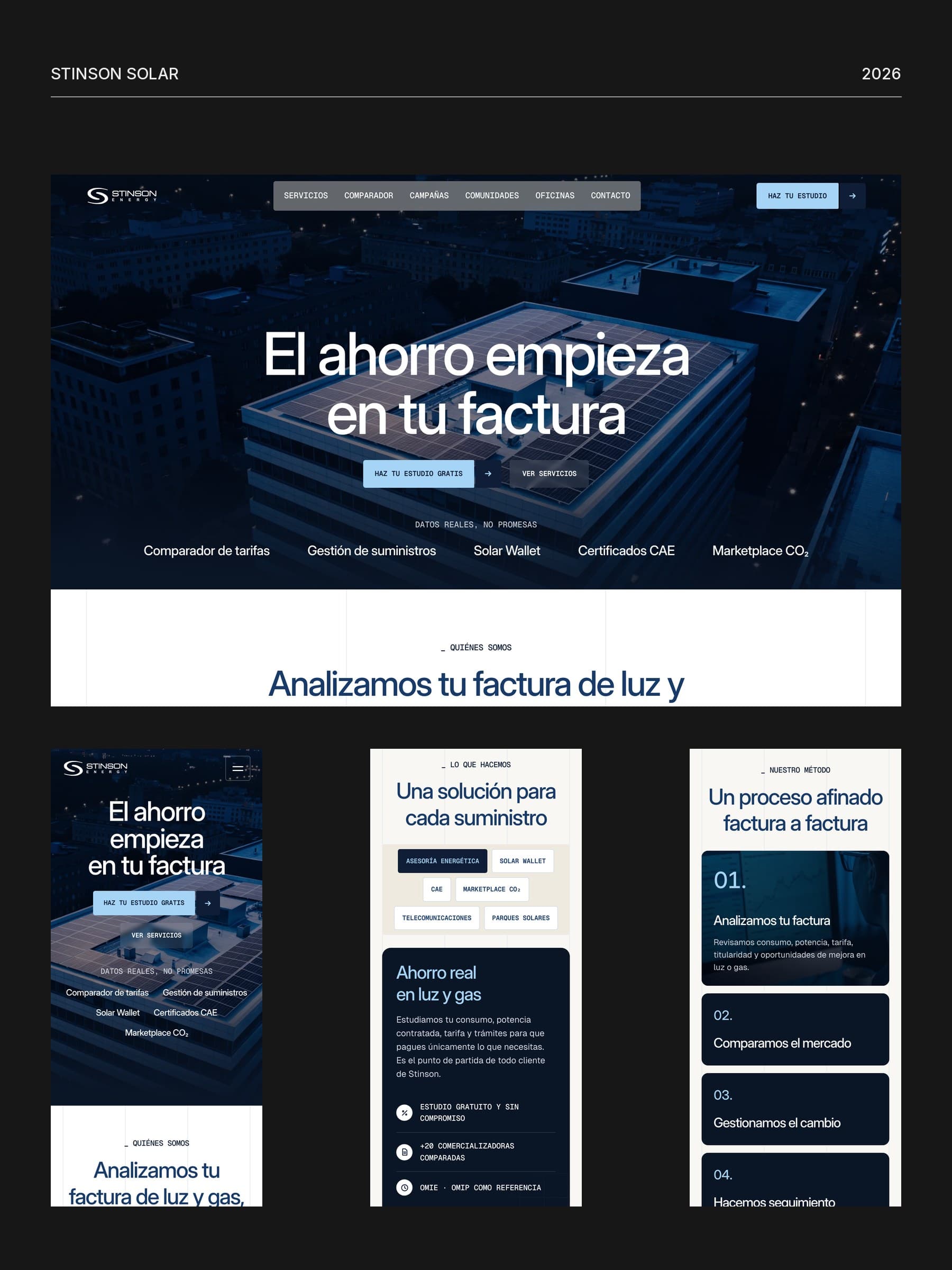 The Stinson Solar website on a dark board: the desktop hero, a night aerial of a rooftop covered in solar panels under the headline 'El ahorro empieza en tu factura', above three mobile screens