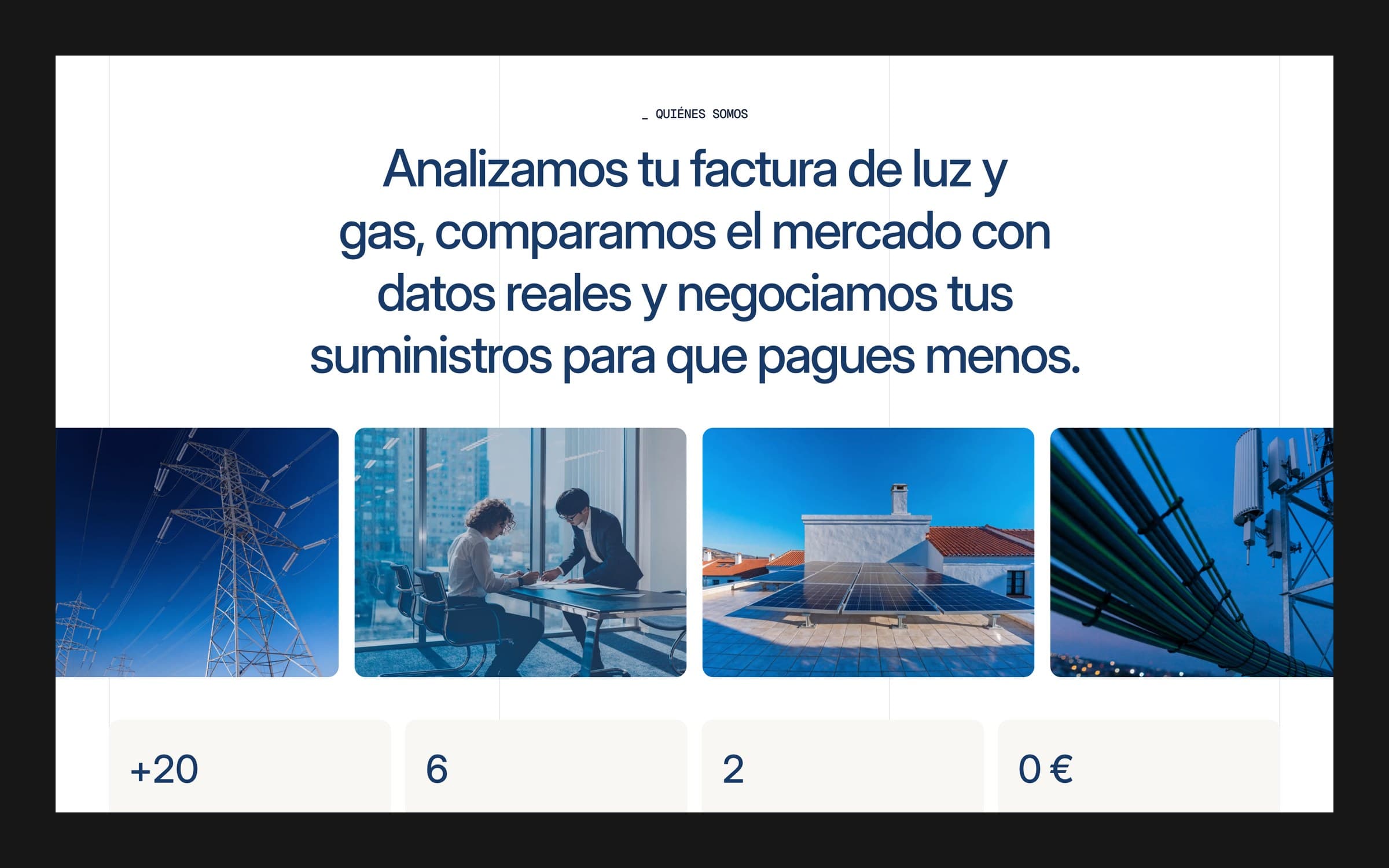 About section with a navy headline about analysing the electricity and gas bill, four blue photos of pylons, an office meeting, rooftop panels and telecom cables, and key figures below