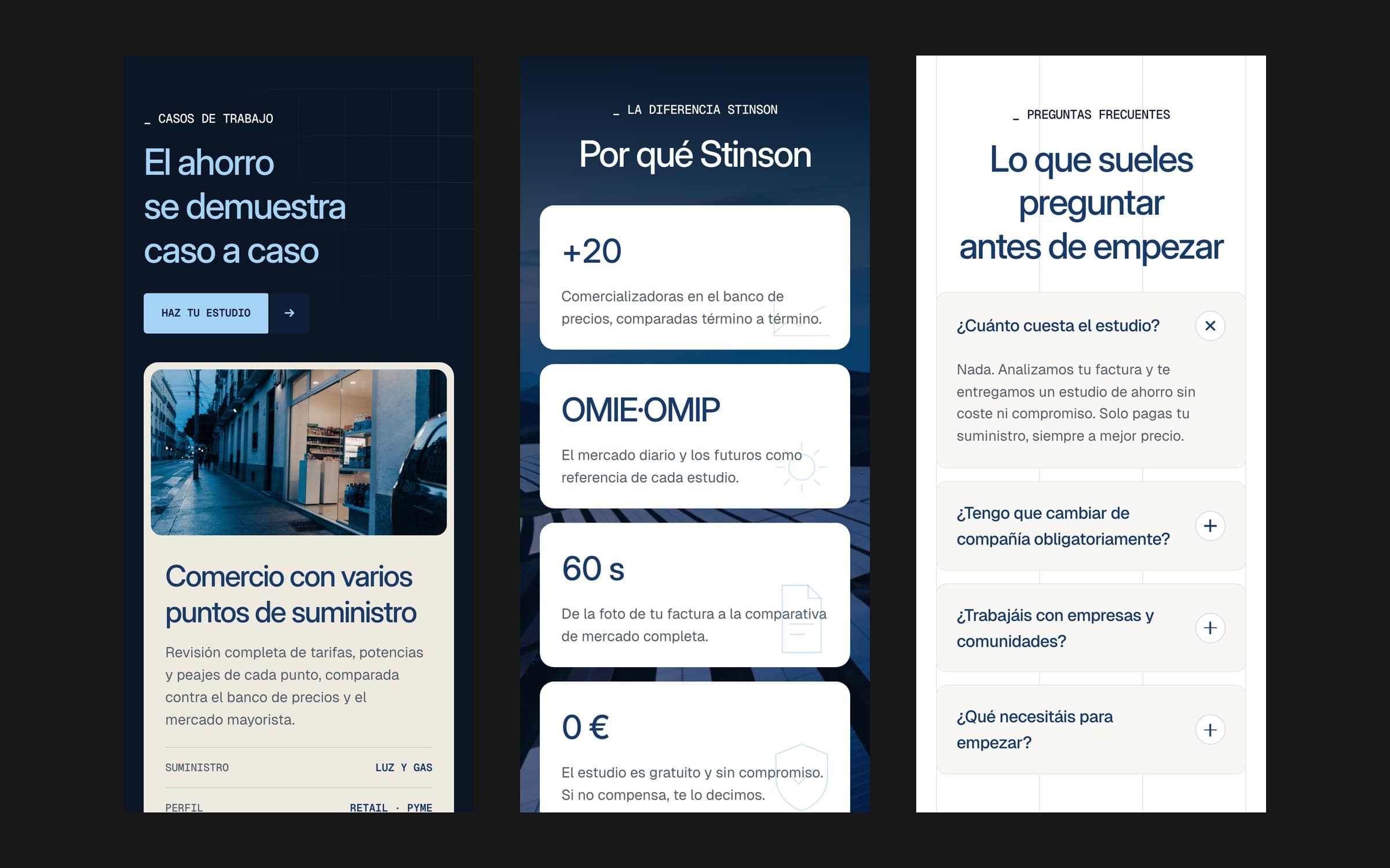 Three mobile screens of the site: work cases, why Stinson figures and the frequently asked questions