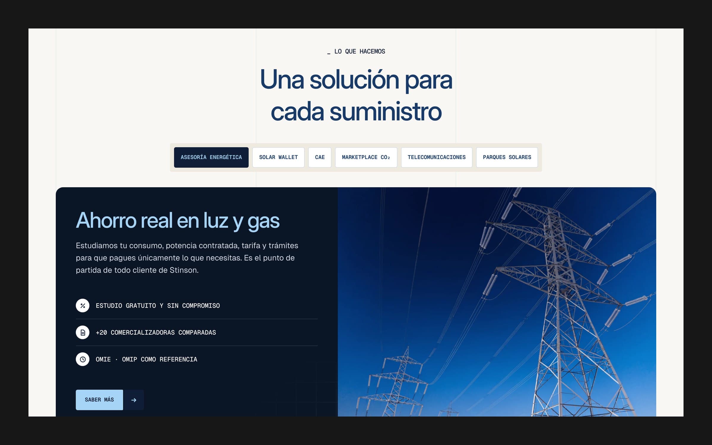 Services section with tabs for energy advisory, solar wallet, CAE, CO2 marketplace, telecoms and solar parks, and a dark card beside a photo of an electricity pylon