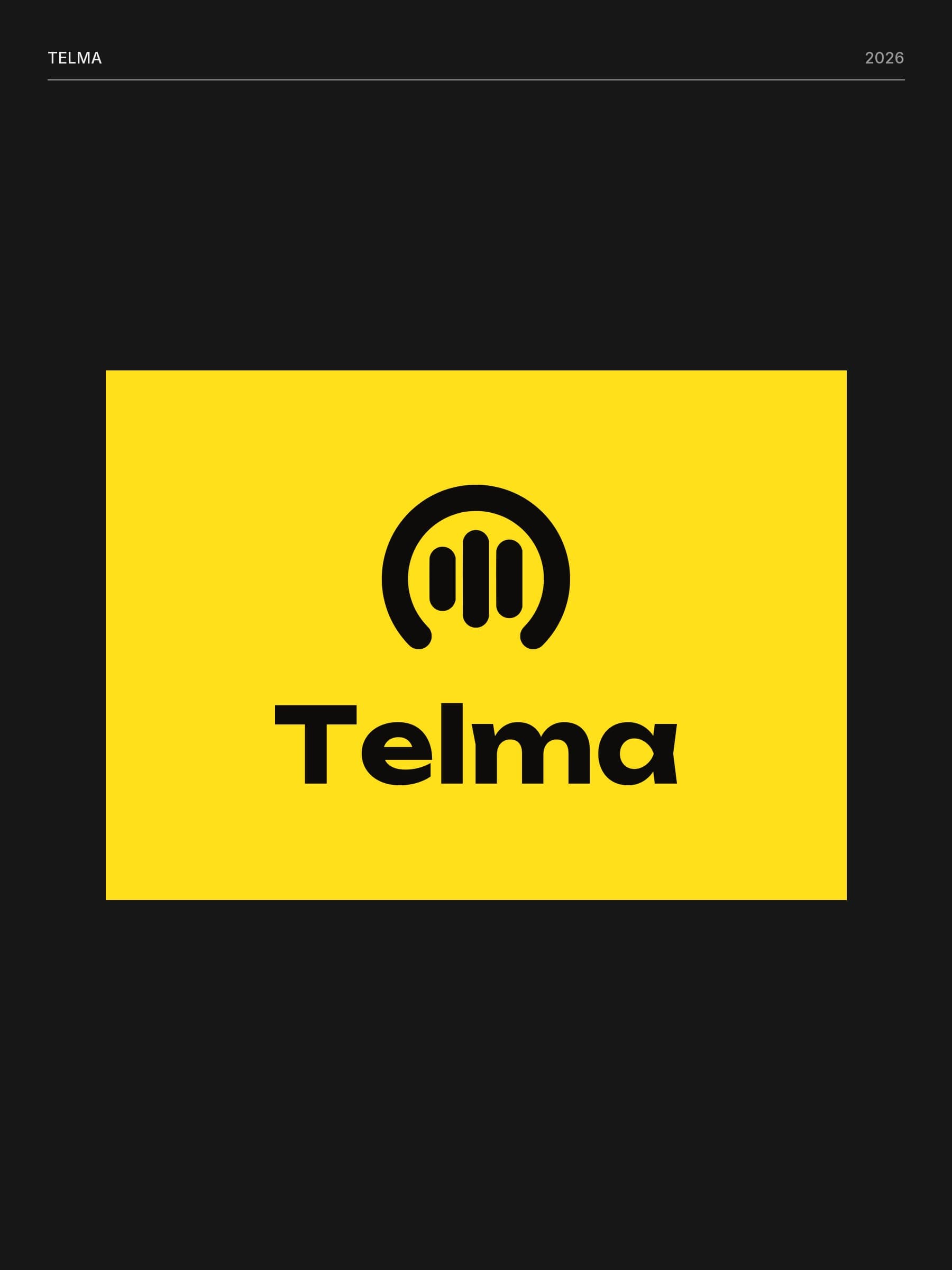 The Telma logo, a black open arc with three voice strokes above the word Telma, on a yellow block framed in dark grey