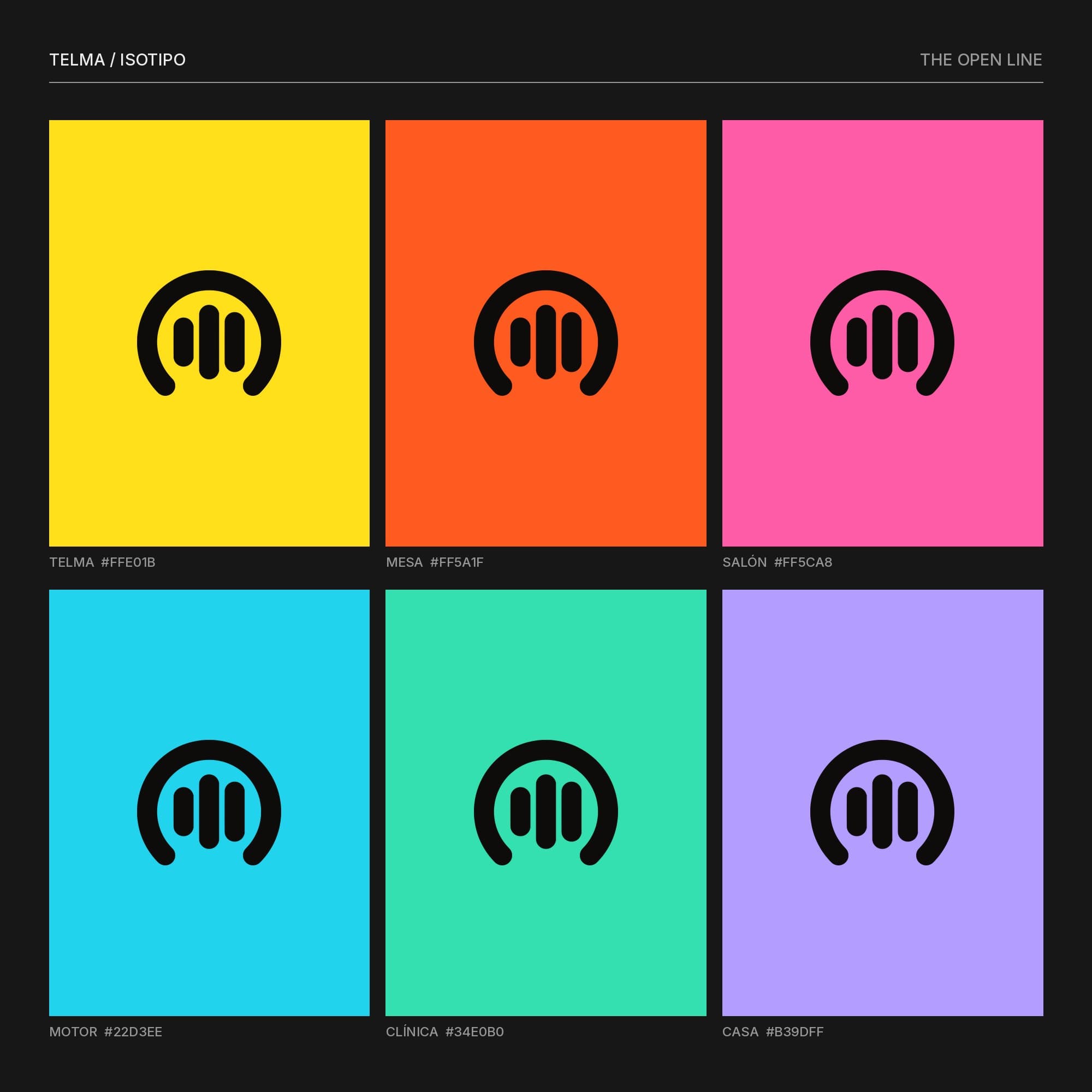 The Telma symbol in ink on six coloured tiles: yellow, orange, pink, cyan, mint and lilac