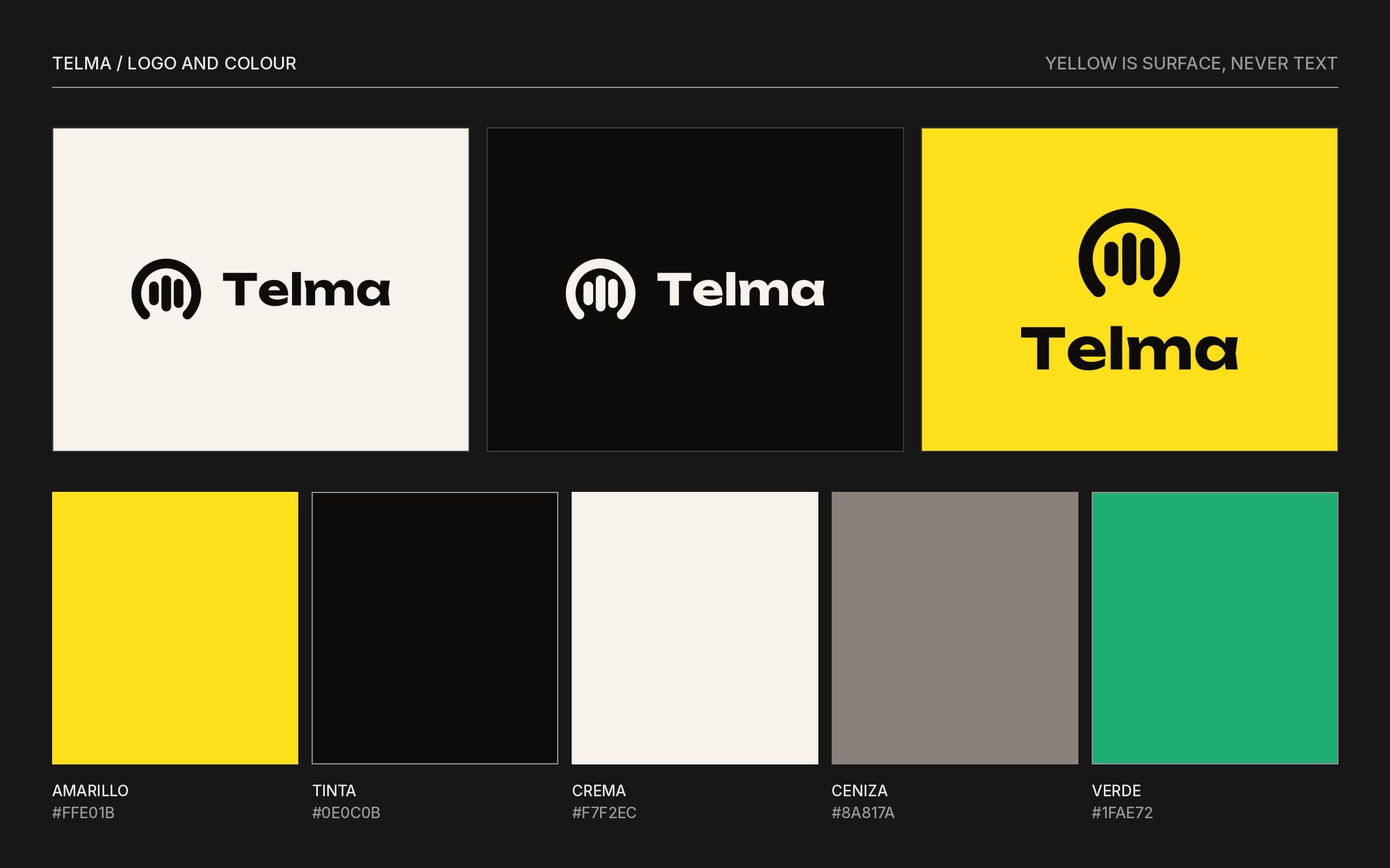 Telma logo versions on cream, ink and yellow, above the palette: yellow, ink, cream, ash and green