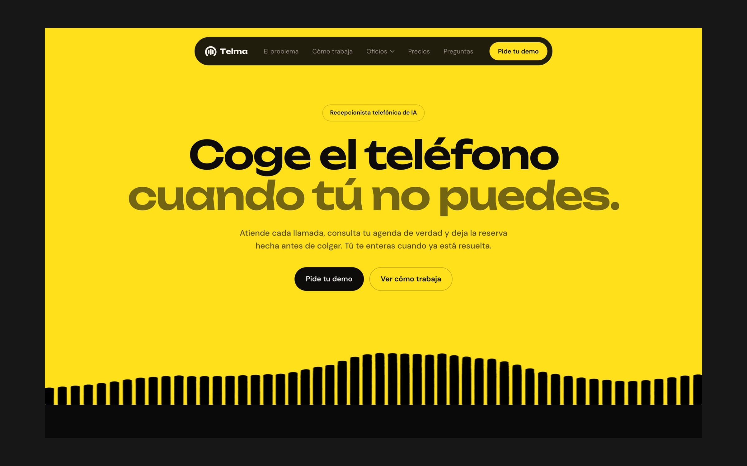 Desktop screenshot of telma.pro, a yellow page with the headline coge el teléfono cuando tú no puedes