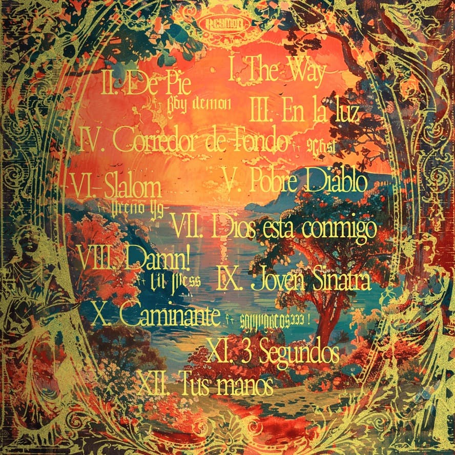 Back cover of The Way: tracklist in gold roman numerals over a painted coast inside an ornate gold frame, with the KEYMOB badge on top