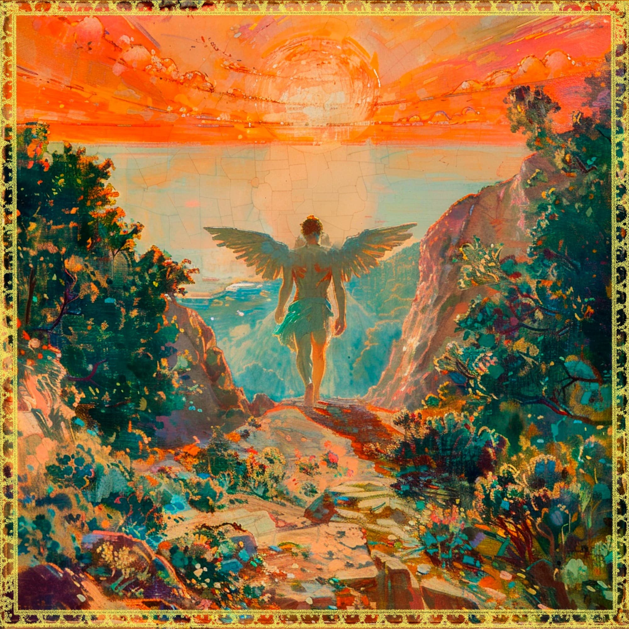 Album cover of The Way by Uve Key: a winged figure walks down a mountain path towards a sea under an orange sun, inside a thin gold frame