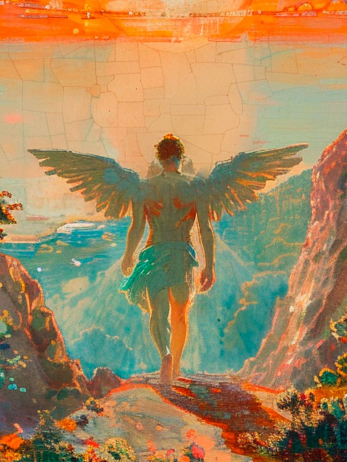Detail of the winged figure walking towards the sea
