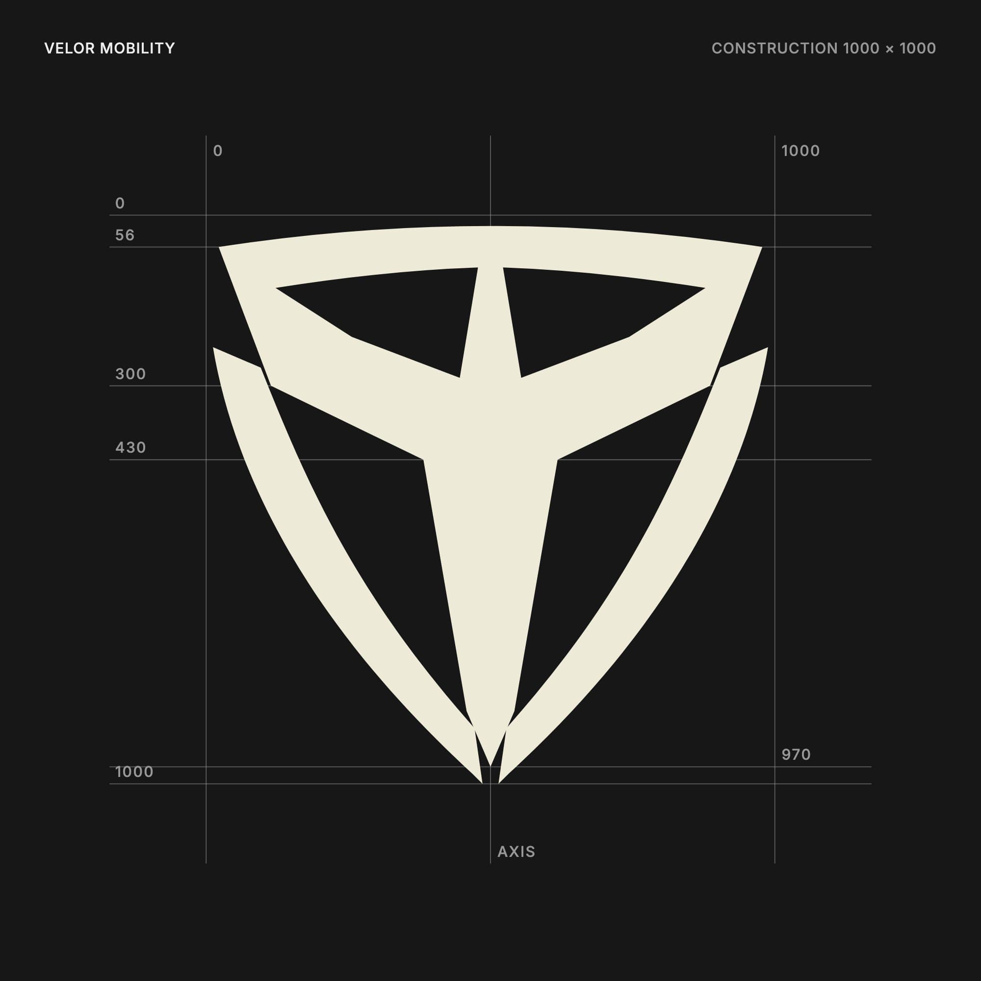 Construction drawing of the Velor emblem on a 1000 by 1000 grid with measurement lines at 0, 56, 300, 430, 970 and 1000 and the central axis