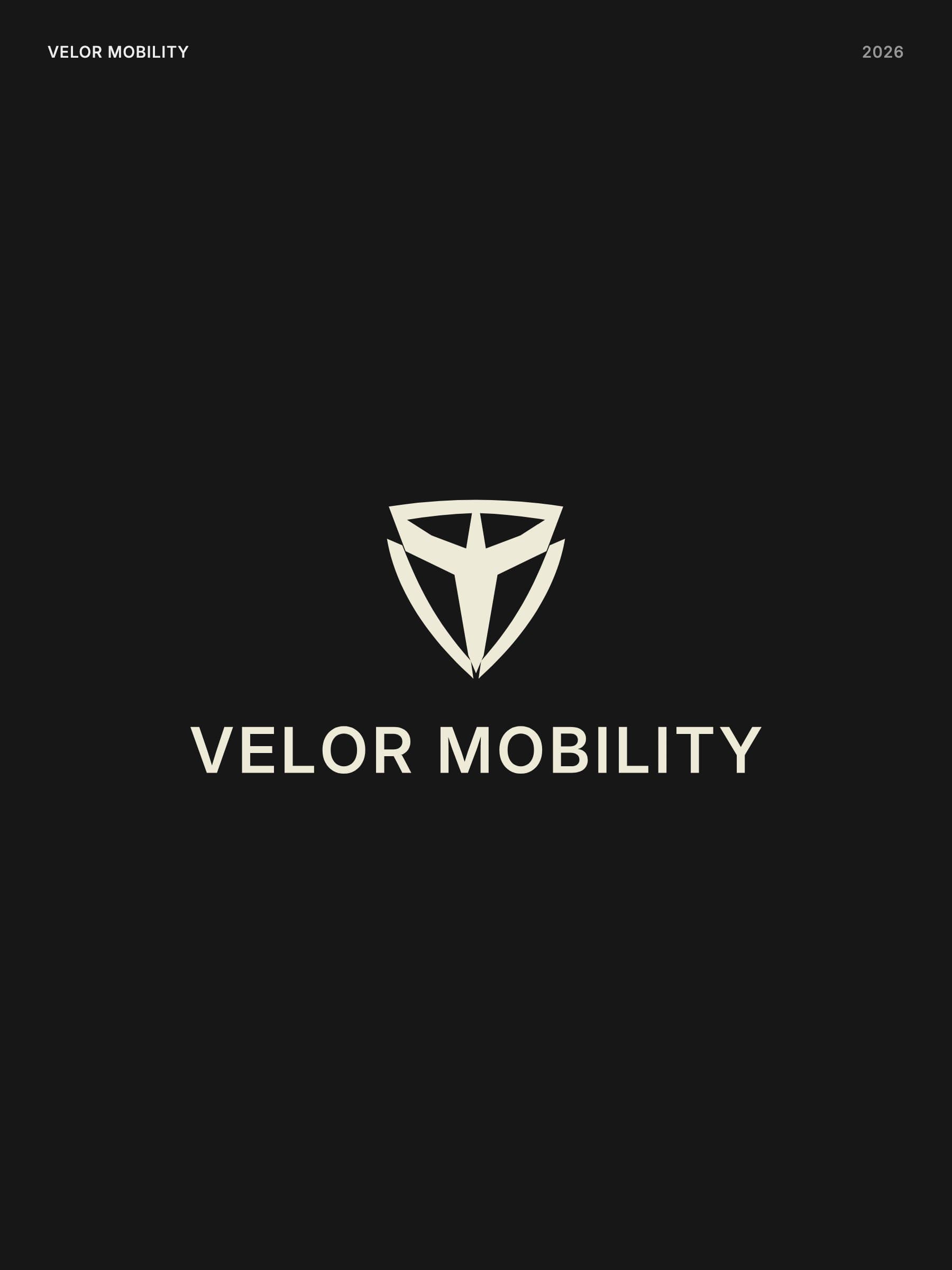 Velor Mobility stacked logo in bone: a three-part delta emblem above the wordmark, centered on a dark background