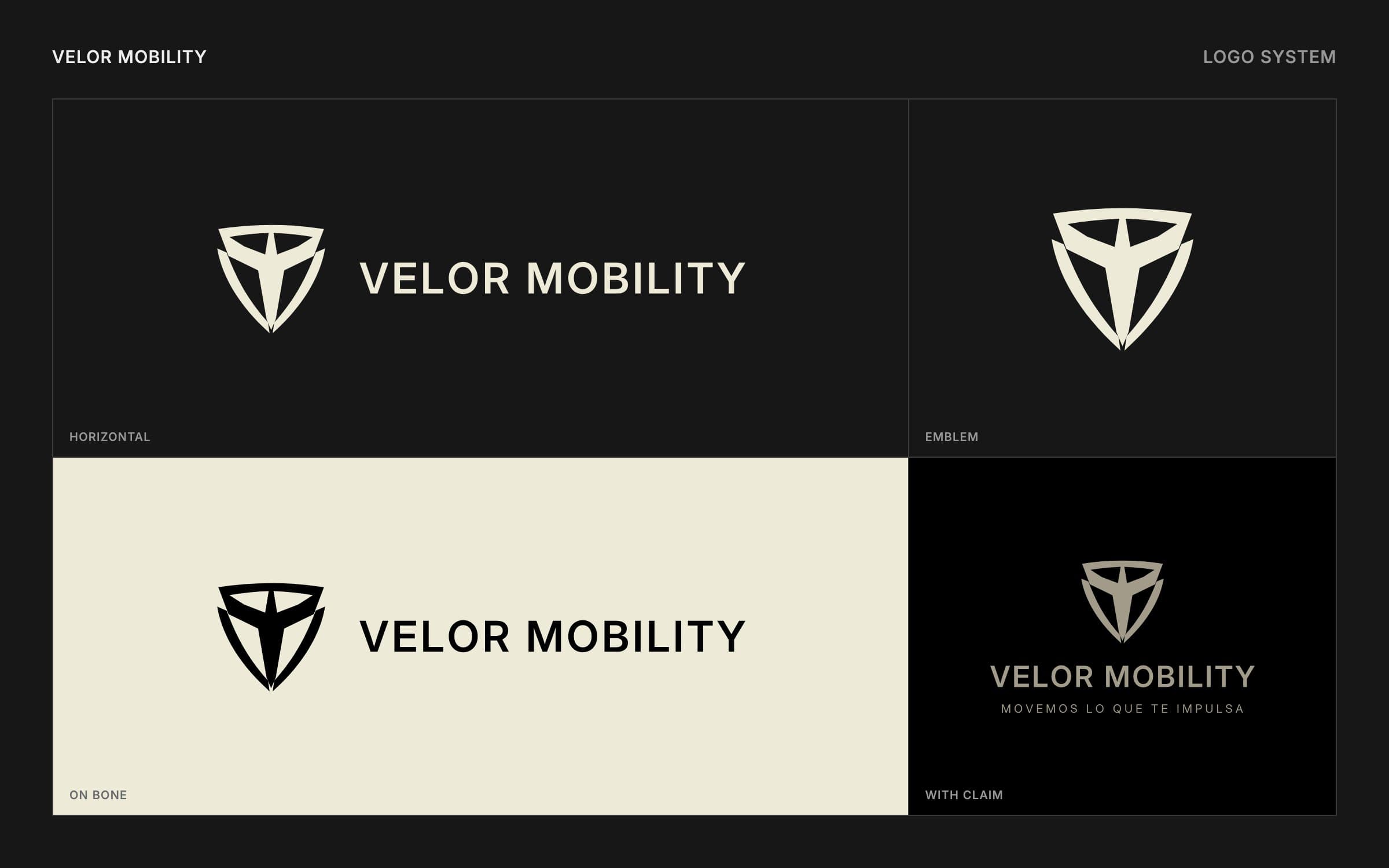 Velor logo system: horizontal logo in bone on dark, emblem alone, horizontal logo in black on bone, and stacked version in sand with the claim